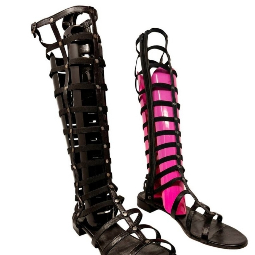 Stuart Weitzman Black Gladiator Cage Leather Sandal Flats Knee High Zipper 8.5